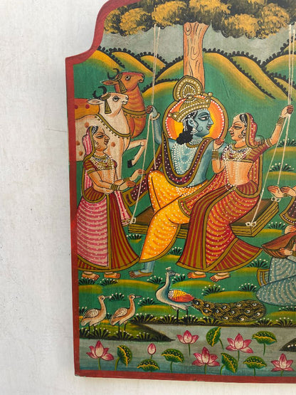 WOODEN LORD KRISHNA PAINTING WALL PANEL