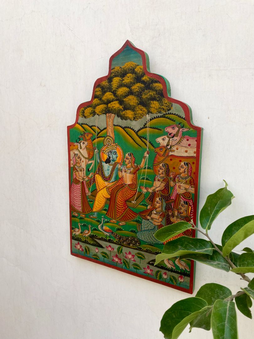 WOODEN LORD KRISHNA PAINTING WALL PANEL