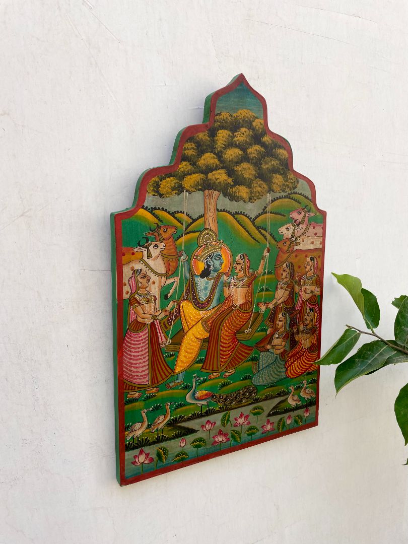 WOODEN LORD KRISHNA PAINTING WALL PANEL