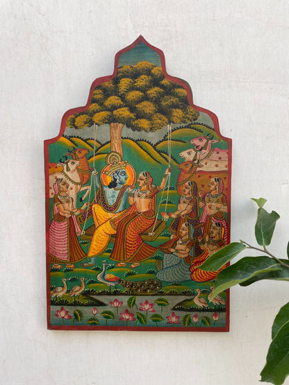 WOODEN LORD KRISHNA PAINTING WALL PANEL