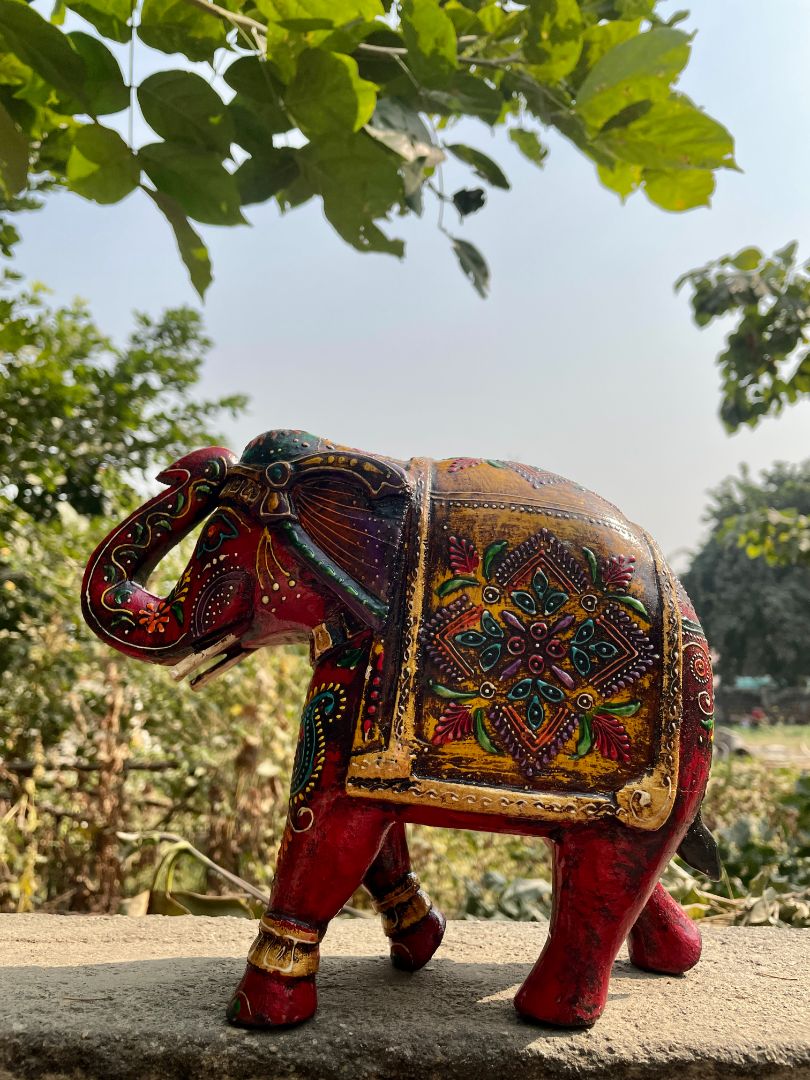 WOODEN PAINTED ELEPHANT FIGURINE 8"