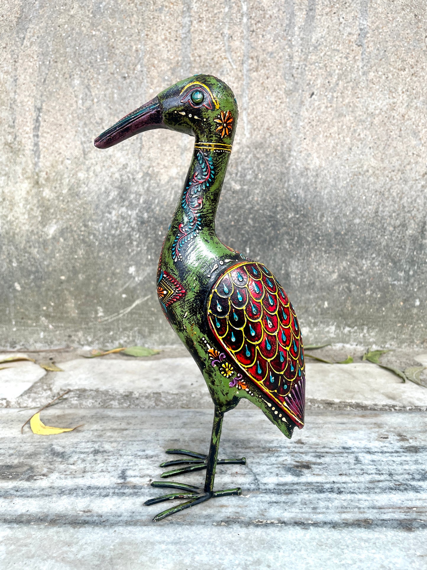 WOODEN & METAL CRANE BIRD FIGURINE