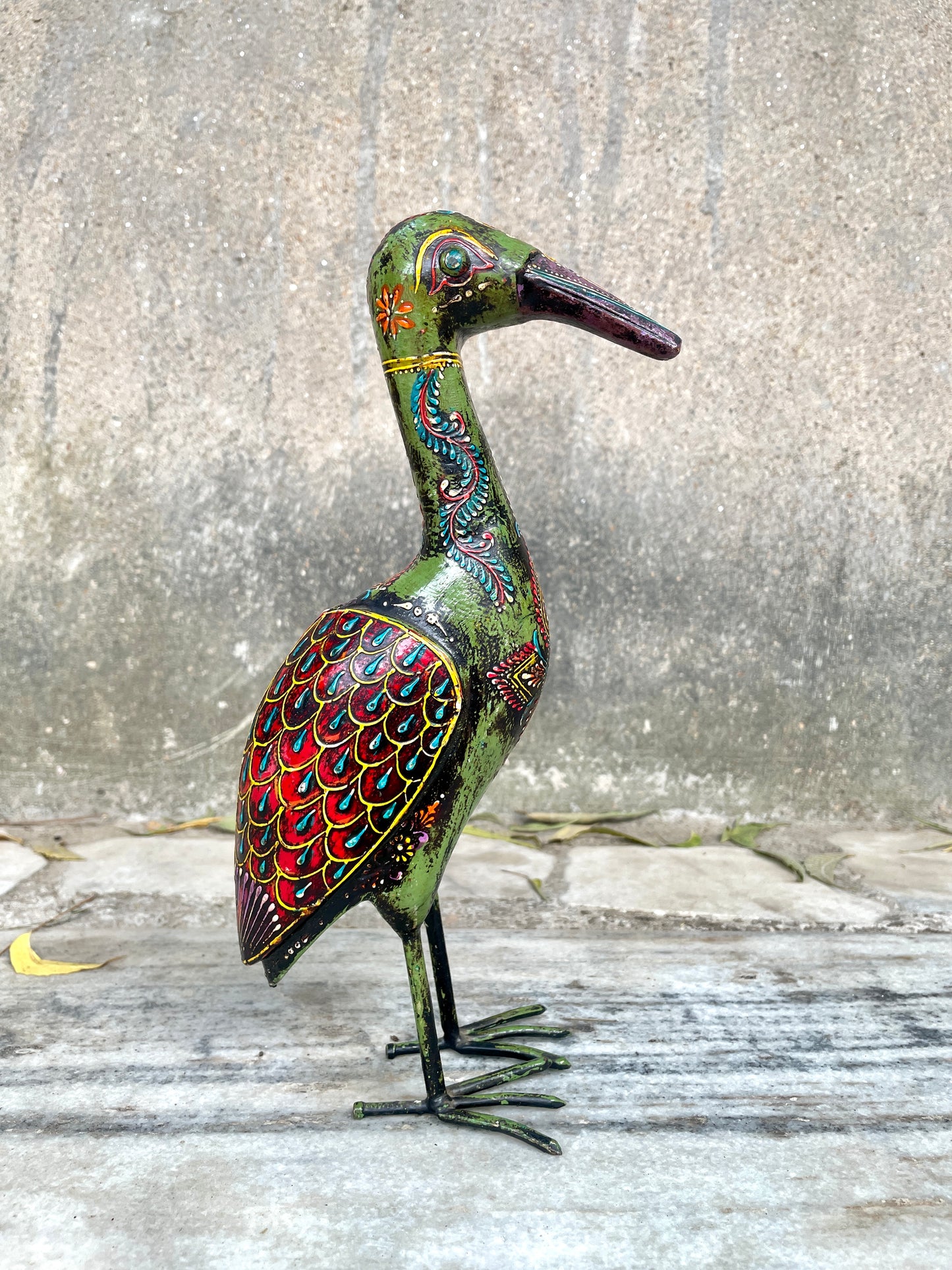 WOODEN & METAL CRANE BIRD FIGURINE