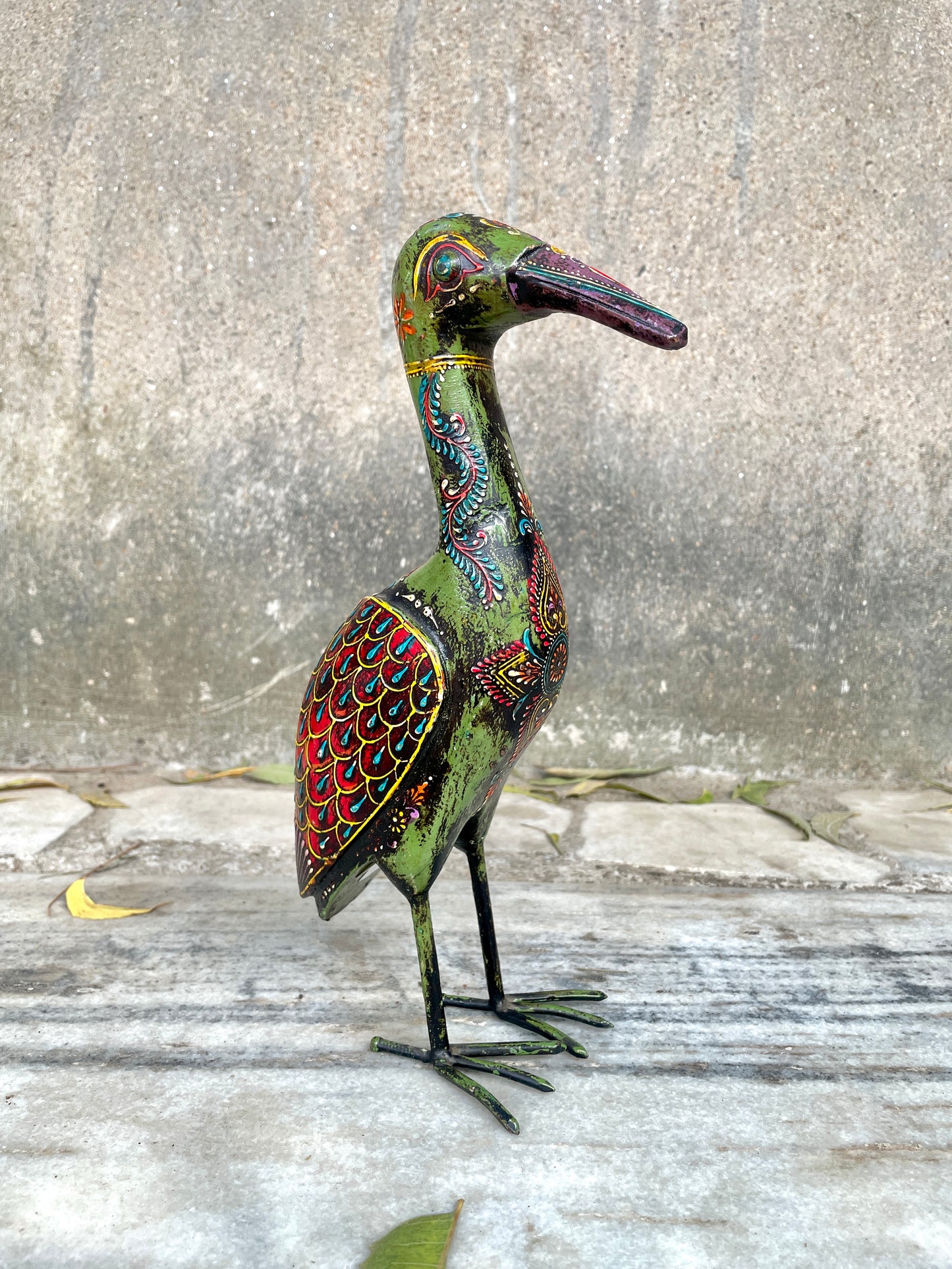 WOODEN & METAL CRANE BIRD FIGURINE