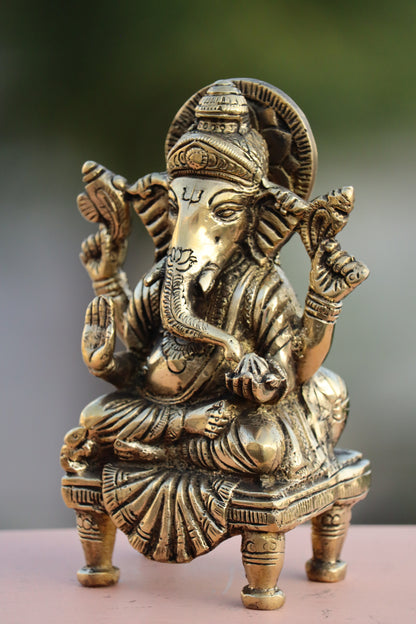 BRASS GANESHA ON CHOWKI SHOWPIECE