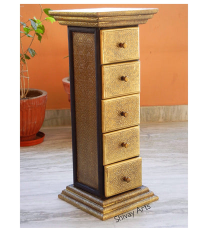 Wooden & Brass Ethnic Pillar Drawer