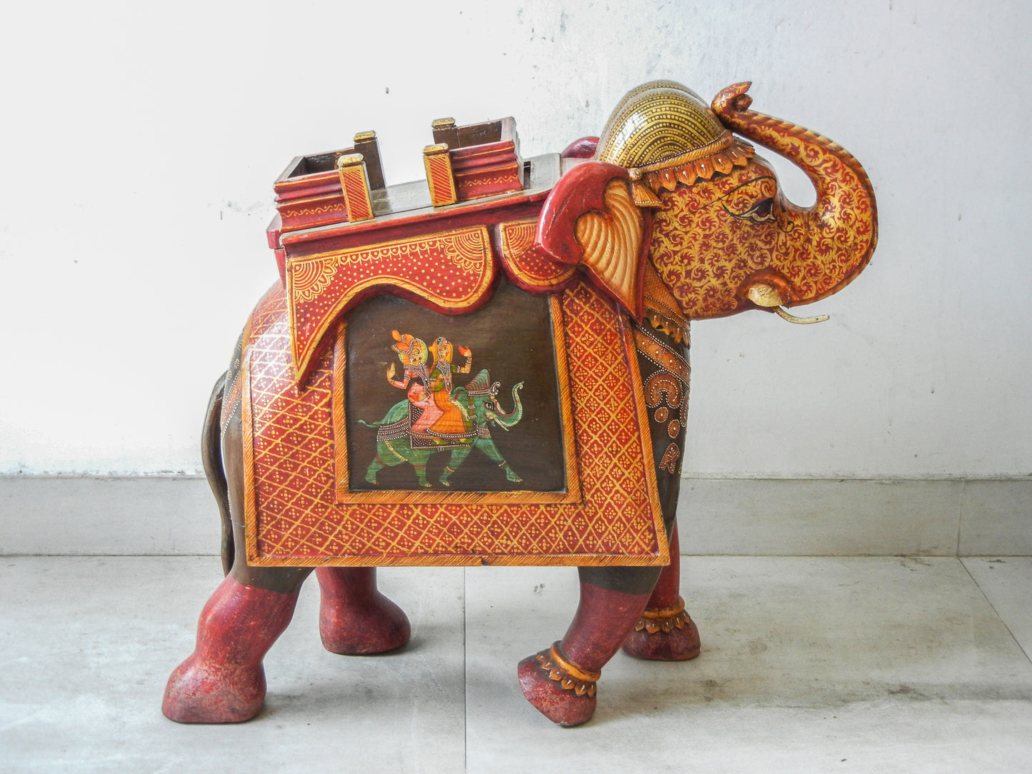 WOODEN ELEPHANT SHOWPIECE, HAND-PAINTED