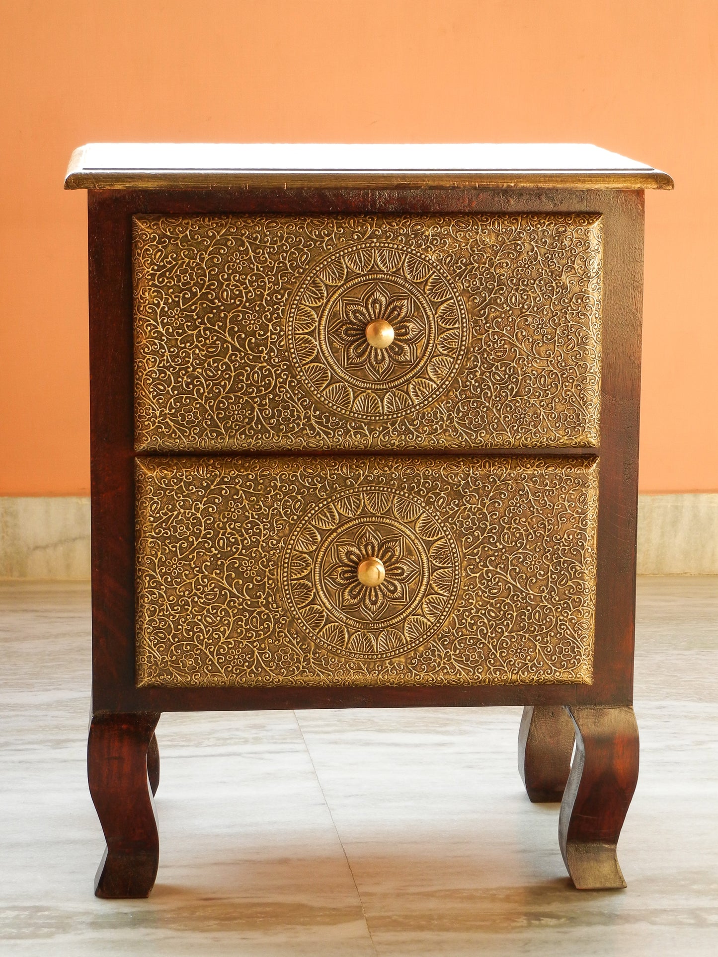 Wooden Brass 2 Drawer Chest, Bedside