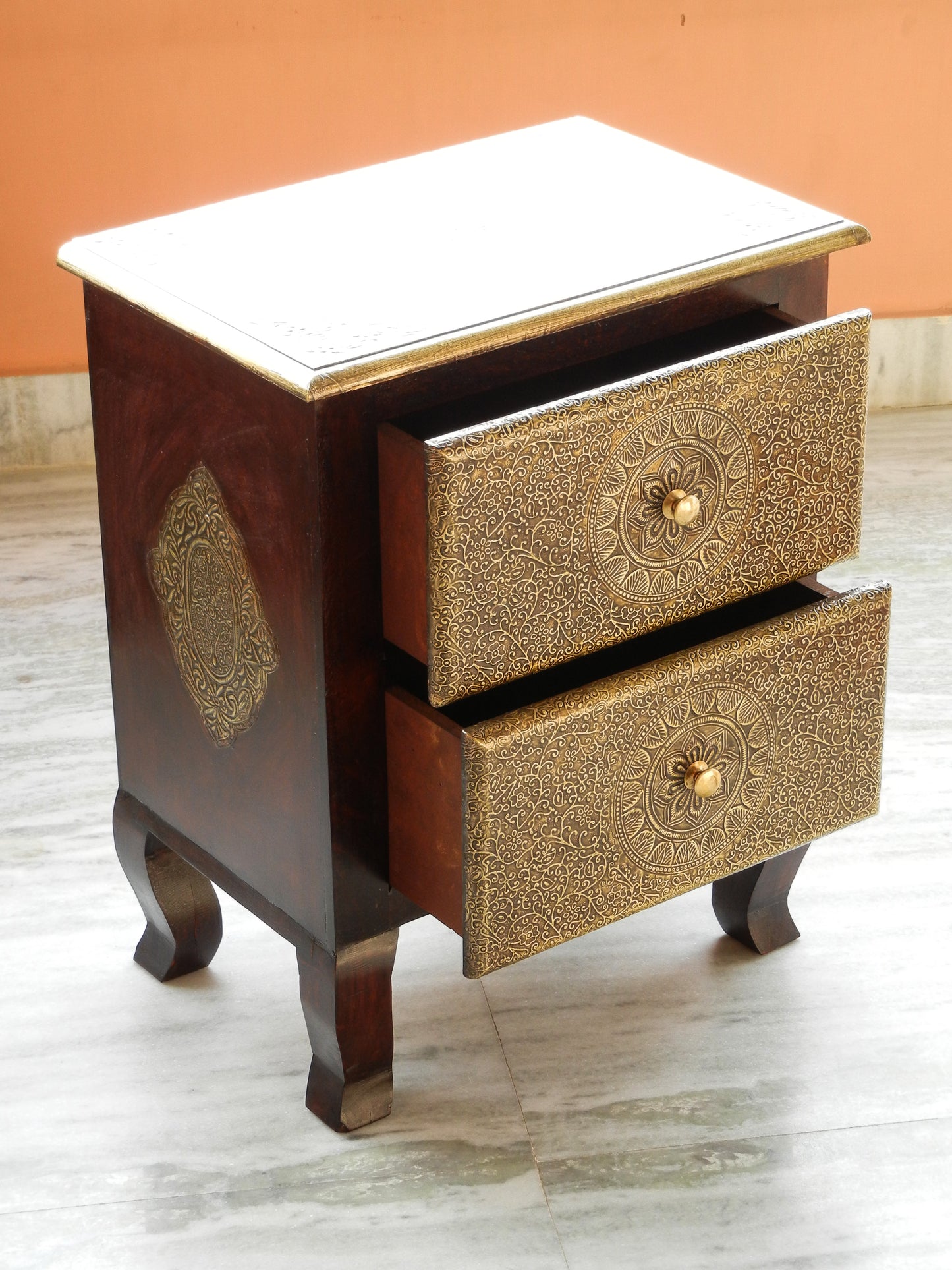 Wooden Brass 2 Drawer Chest, Bedside