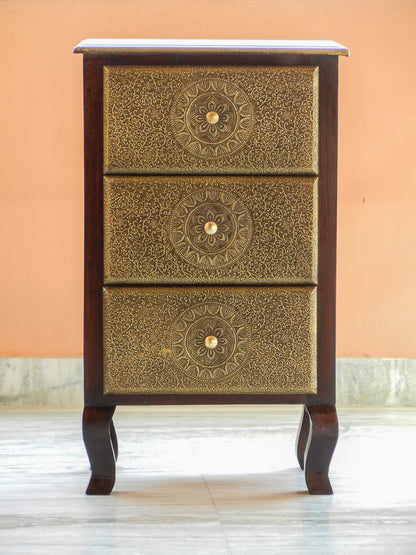 Wooden Brass 3 Drawer Chest, Bedside