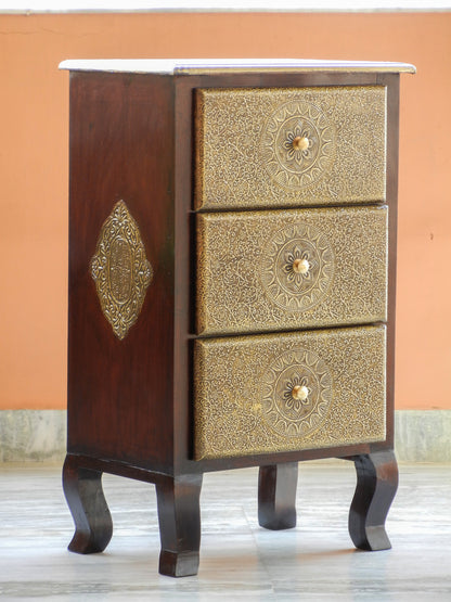 Wooden Brass 3 Drawer Chest, Bedside