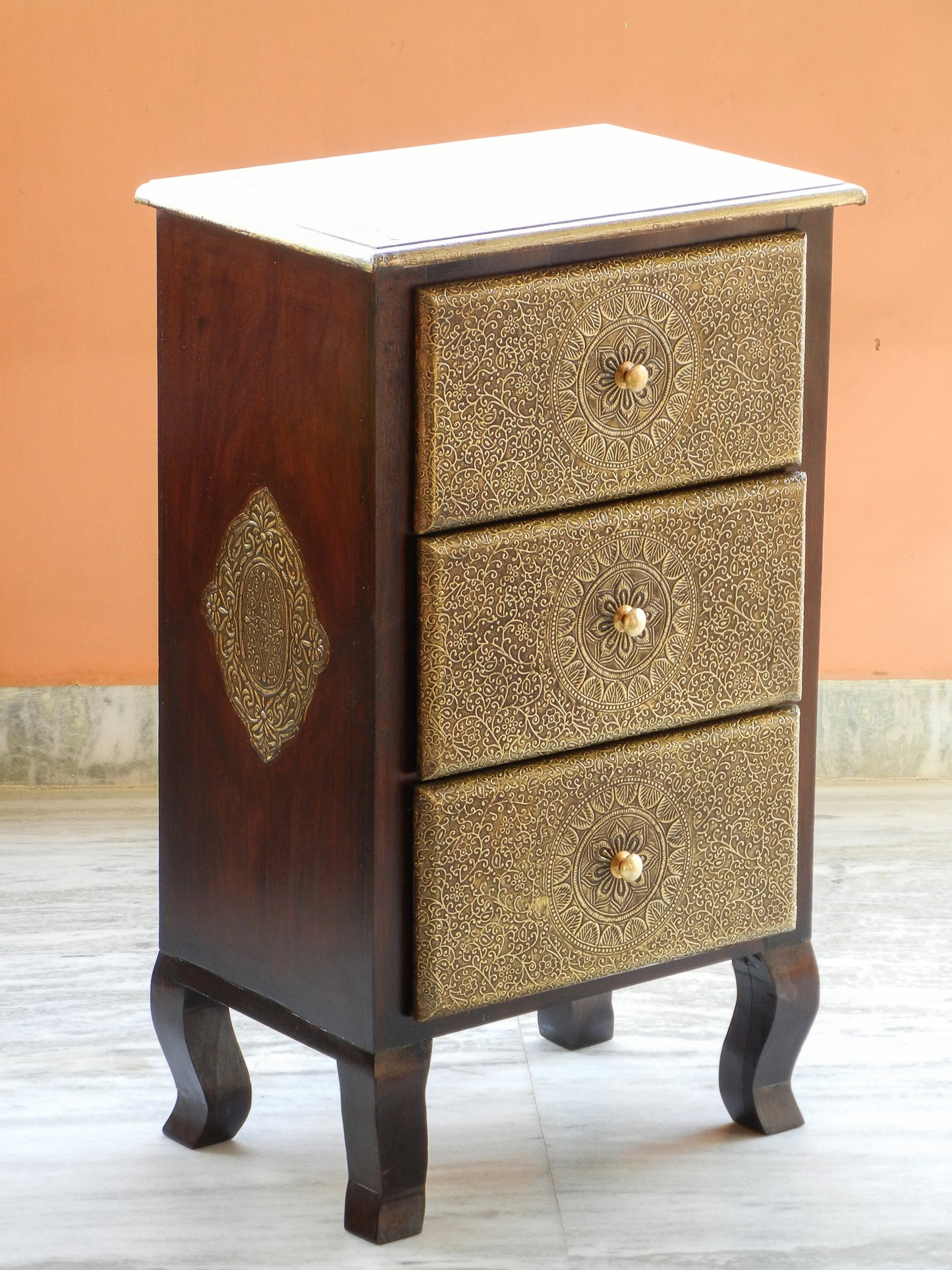 Wooden Brass 3 Drawer Chest, Bedside