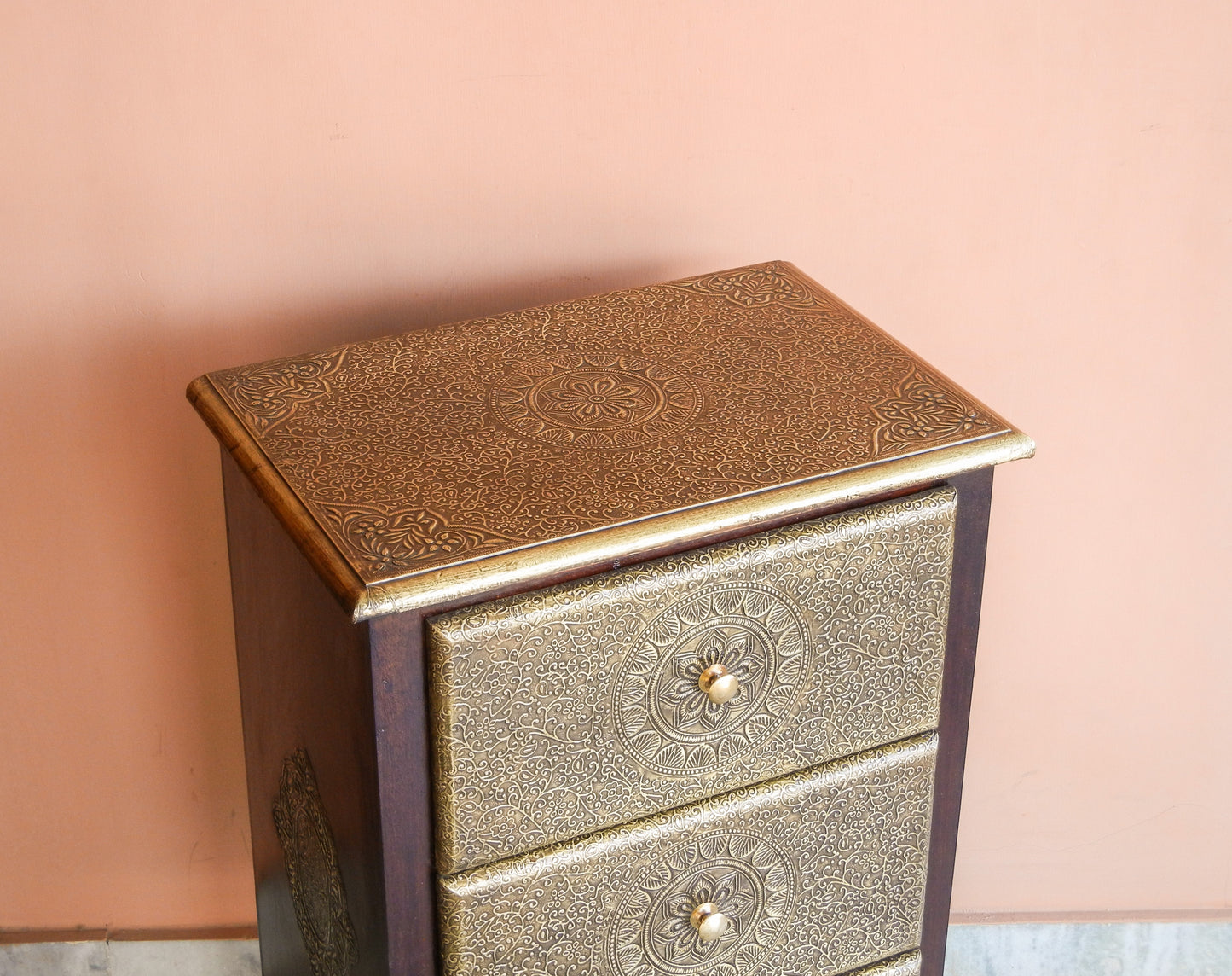 Wooden Brass 3 Drawer Chest, Bedside