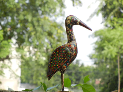 WOODEN & METAL CRANE BIRD FIGURINE