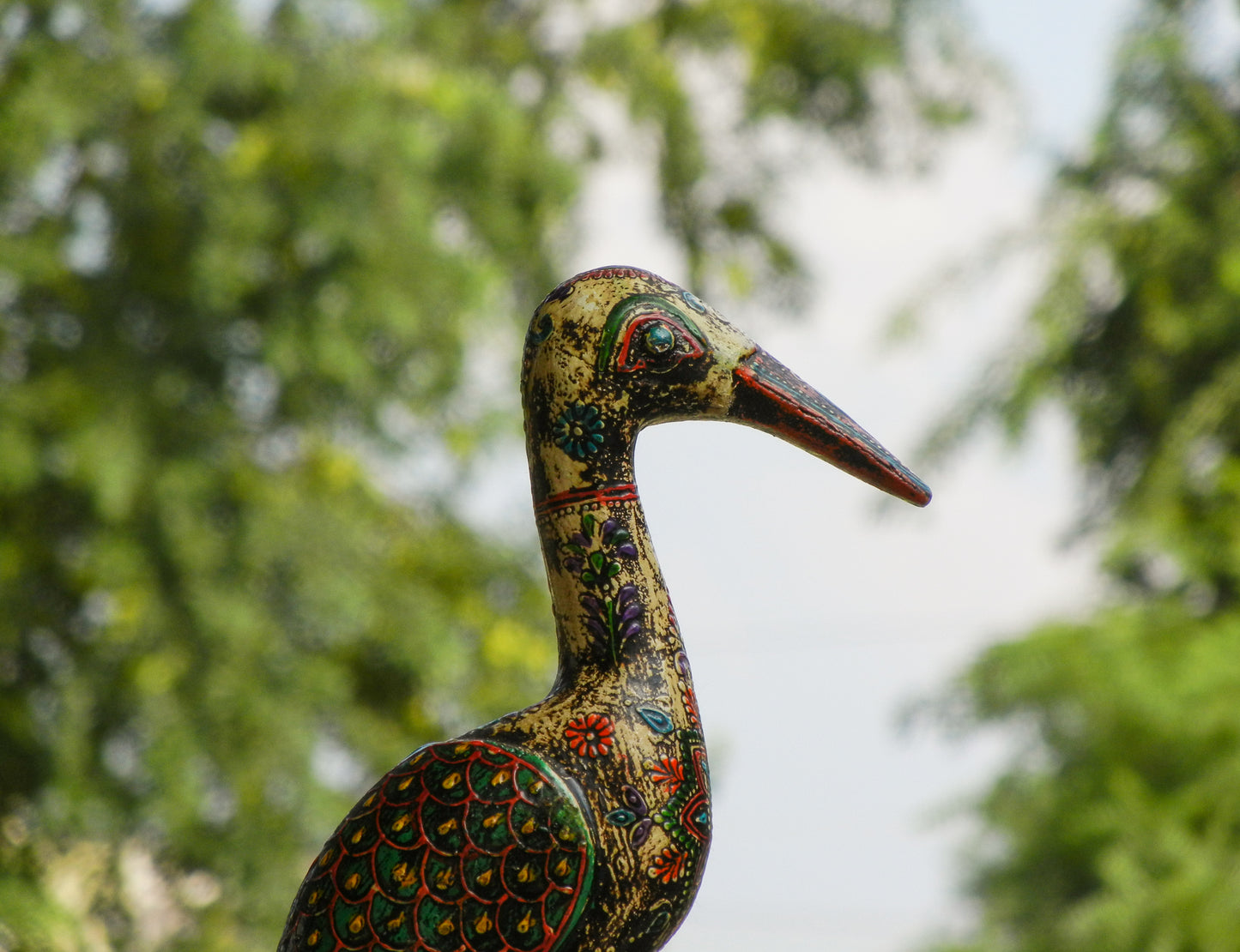 WOODEN & METAL CRANE BIRD FIGURINE