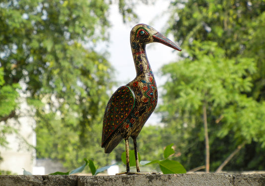 WOODEN & METAL CRANE BIRD FIGURINE