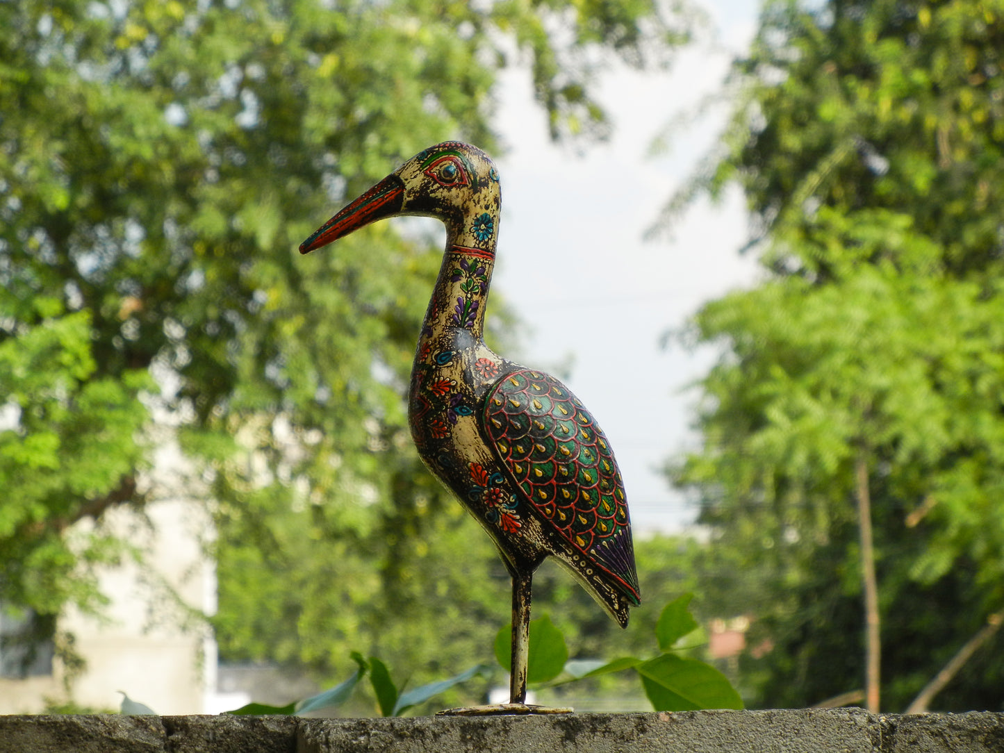 WOODEN & METAL CRANE BIRD FIGURINE