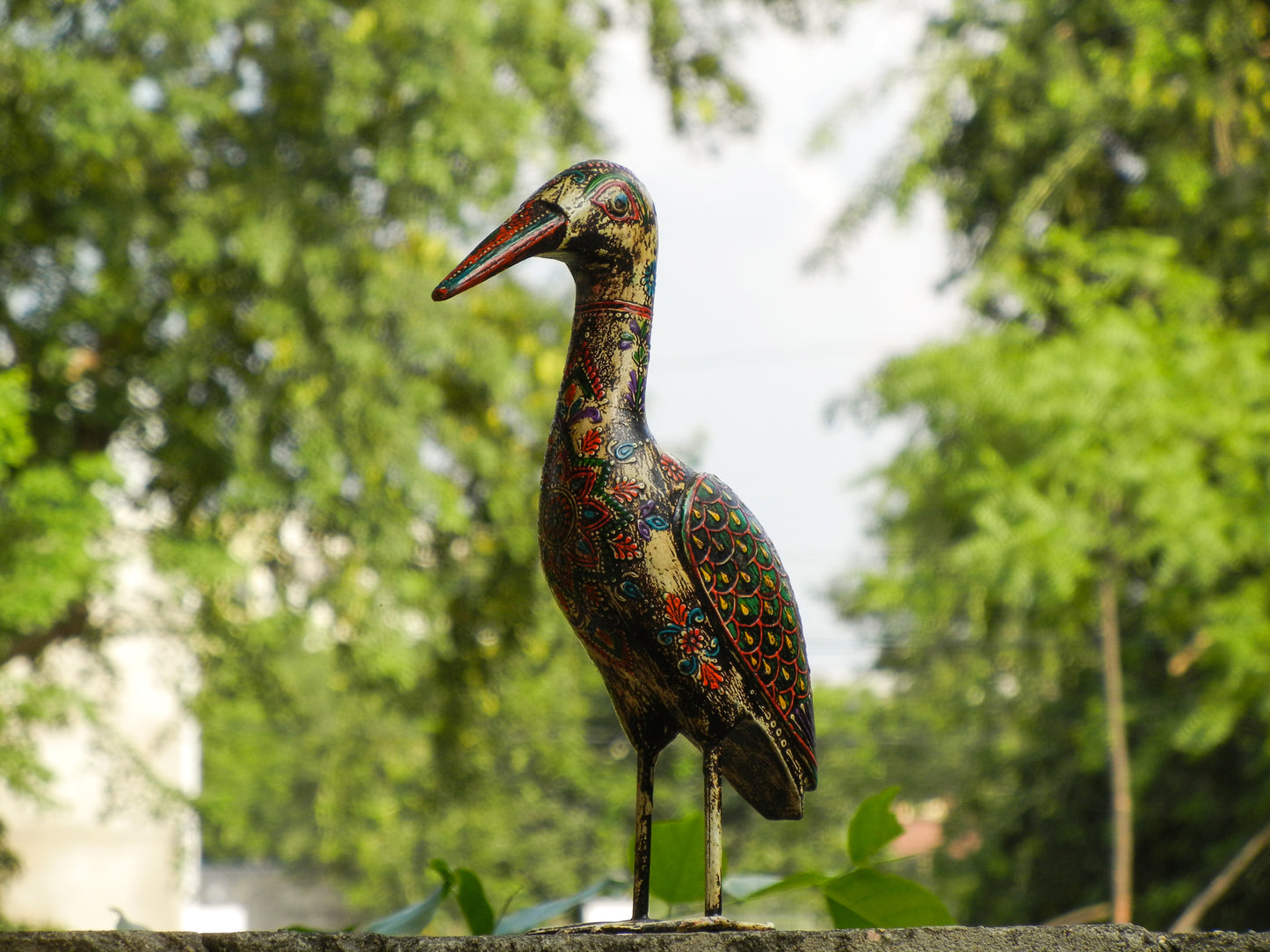 WOODEN & METAL CRANE BIRD FIGURINE