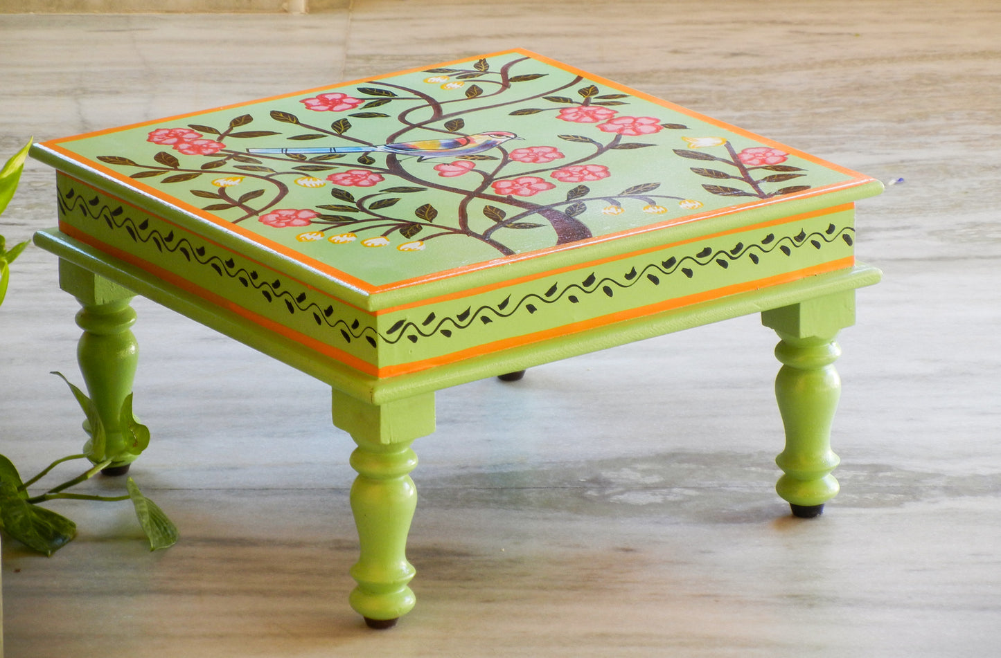 Wooden Handmade Hand Painted Nature Inspired Chowki Bajot