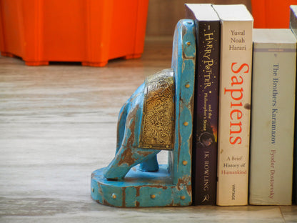 Wooden Elephant Bookend With Brass Work