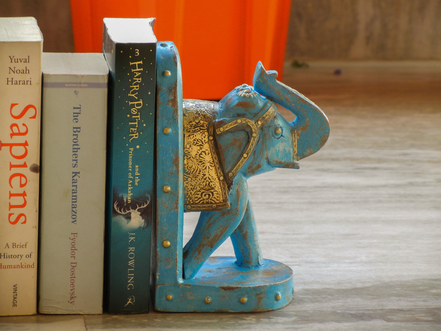 Wooden Elephant Bookend With Brass Work