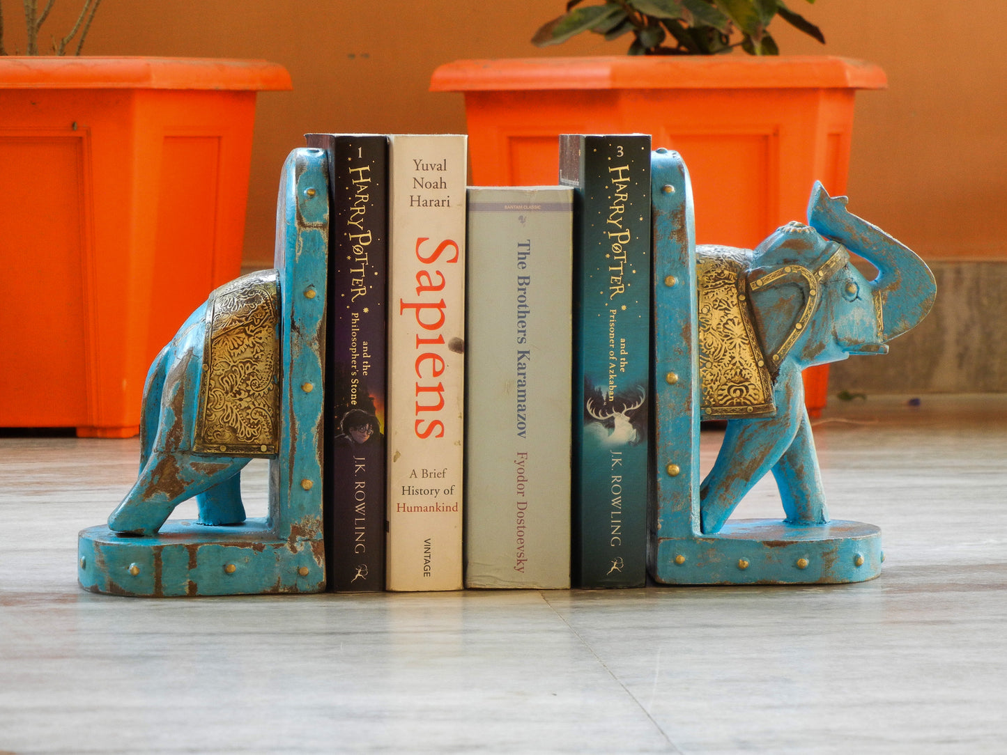 Wooden Elephant Bookend With Brass Work