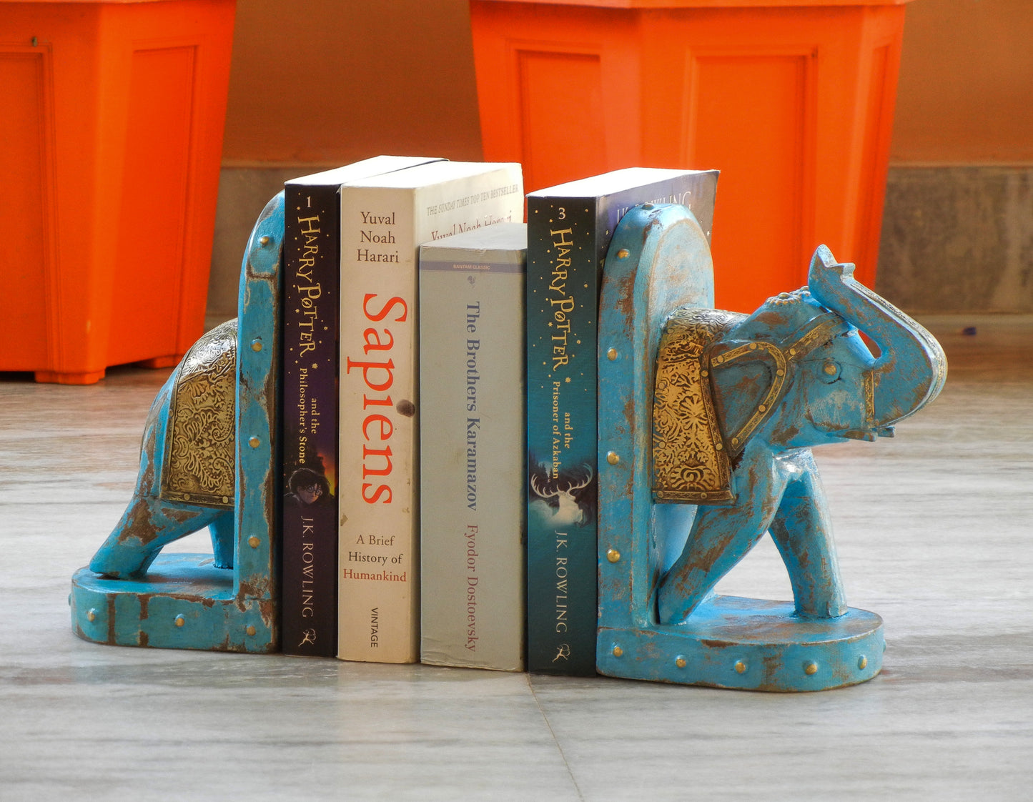 Wooden Elephant Bookend With Brass Work