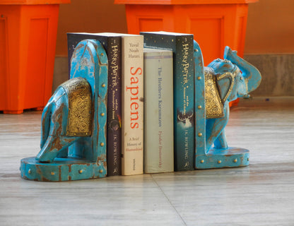 Wooden Elephant Bookend With Brass Work