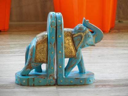 Wooden Elephant Bookend With Brass Work