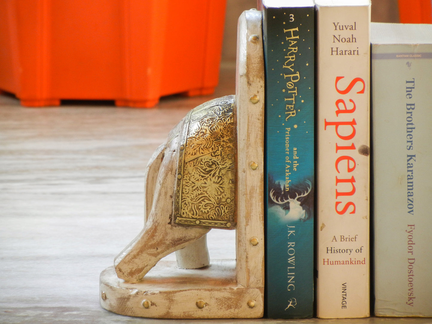 Wooden Elephant Bookend With Brass Work