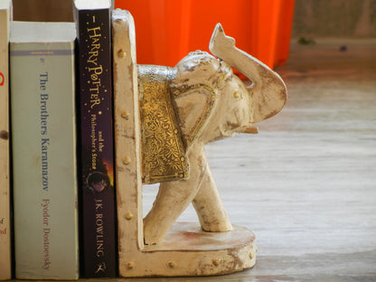 Wooden Elephant Bookend With Brass Work