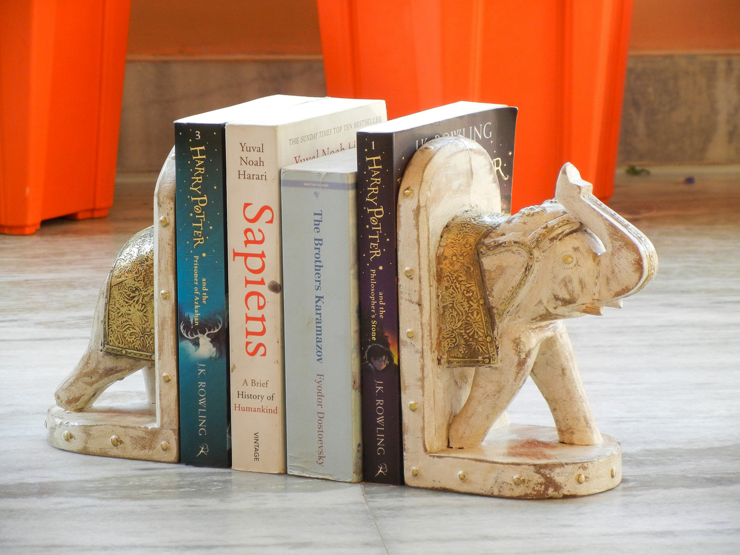 Wooden Elephant Bookend With Brass Work