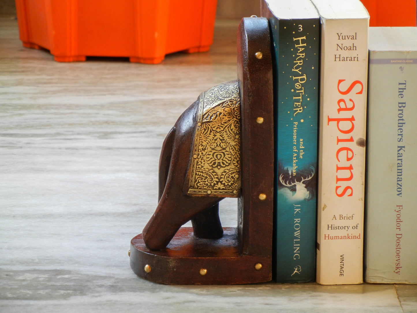 Wooden Elephant Bookend With Brass Work