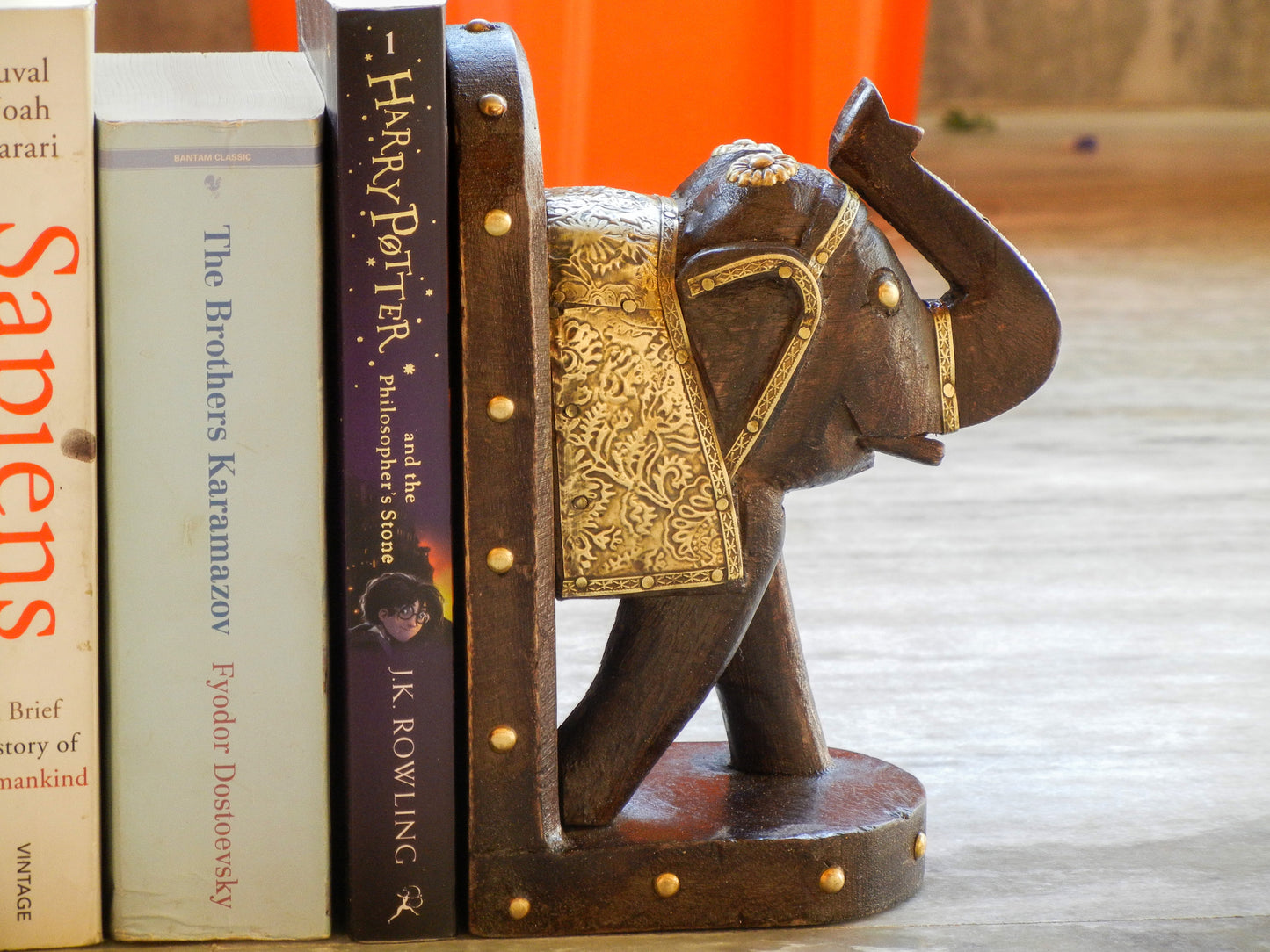 Wooden Elephant Bookend With Brass Work