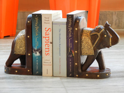 Wooden Elephant Bookend With Brass Work