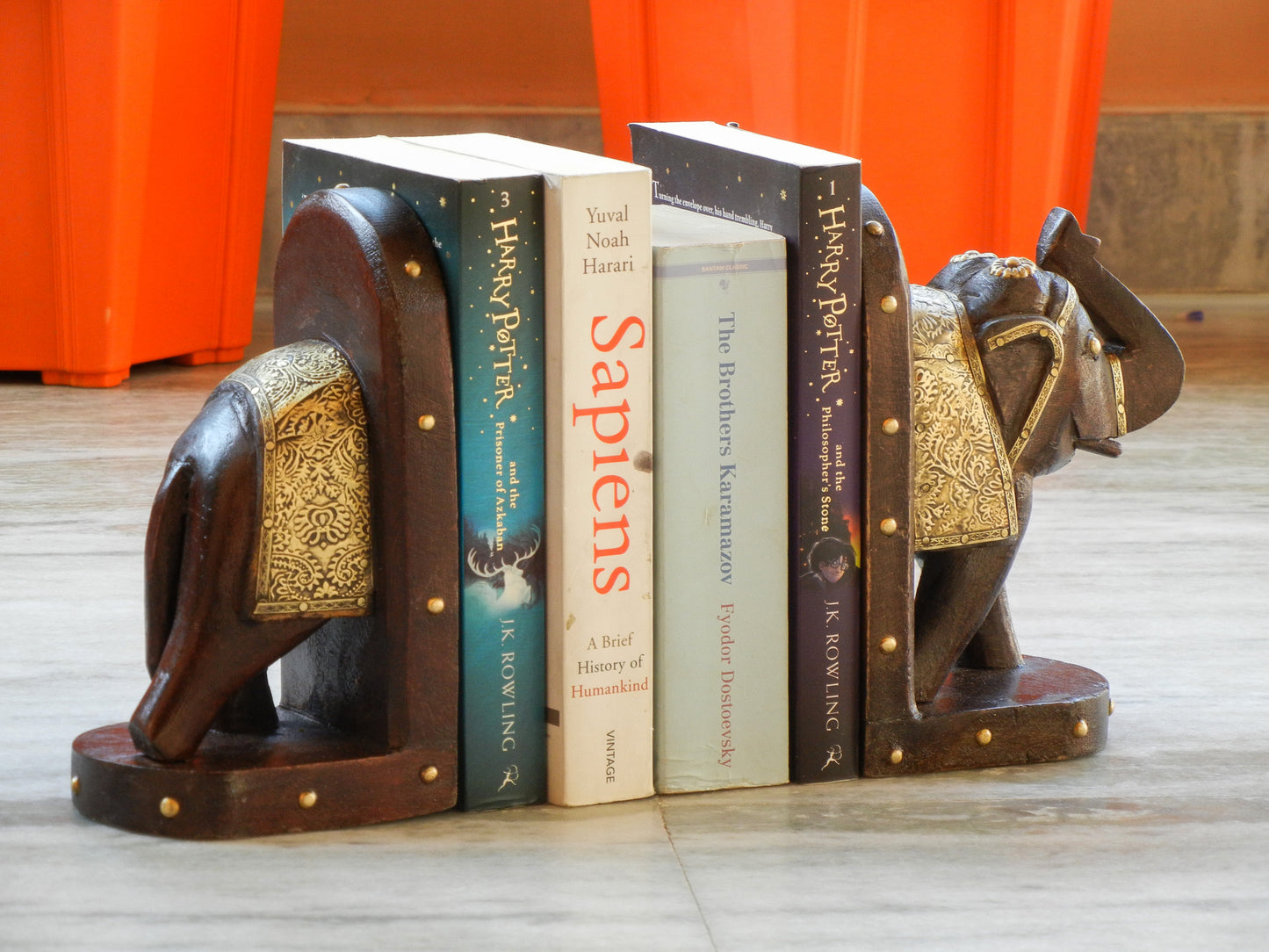 Wooden Elephant Bookend With Brass Work