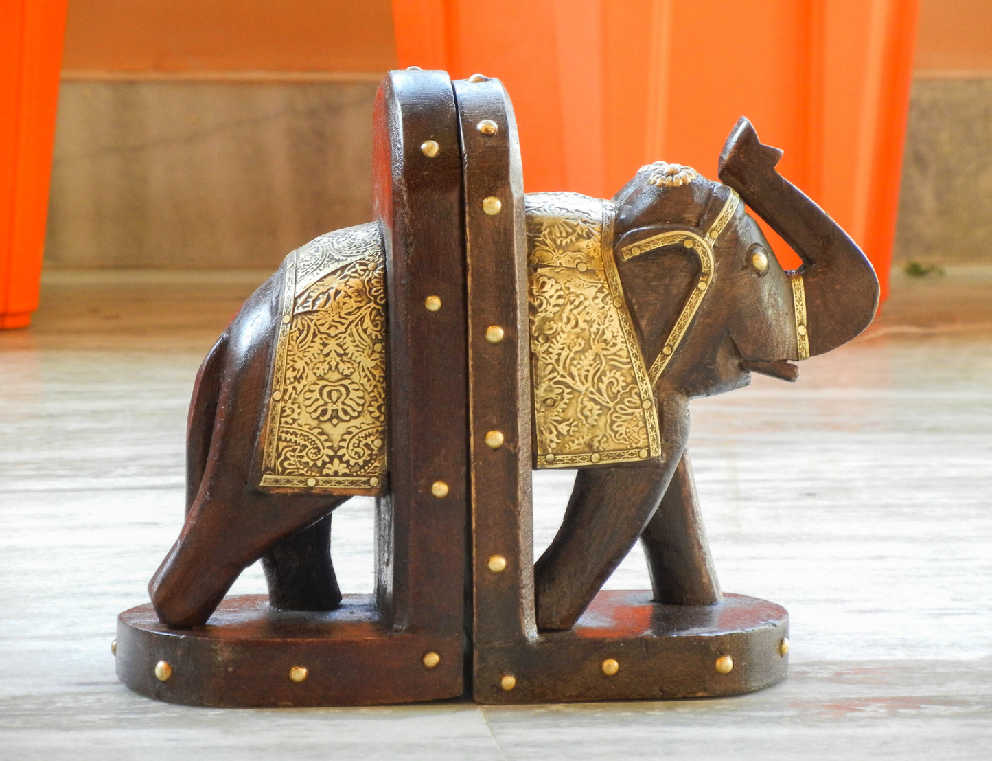 Wooden Elephant Bookend With Brass Work