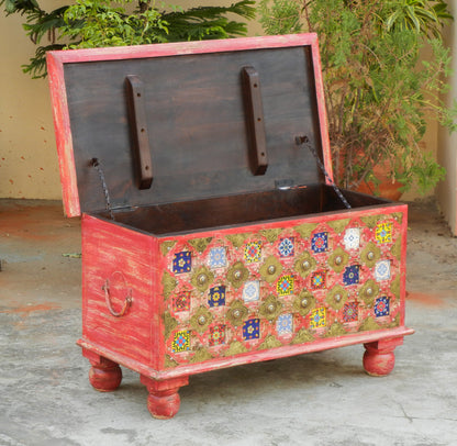 Wooden And Ceramic Distress Finish Trunk Box, Storage Chest, Coffee Table, Rustic Finish, Blanket Box