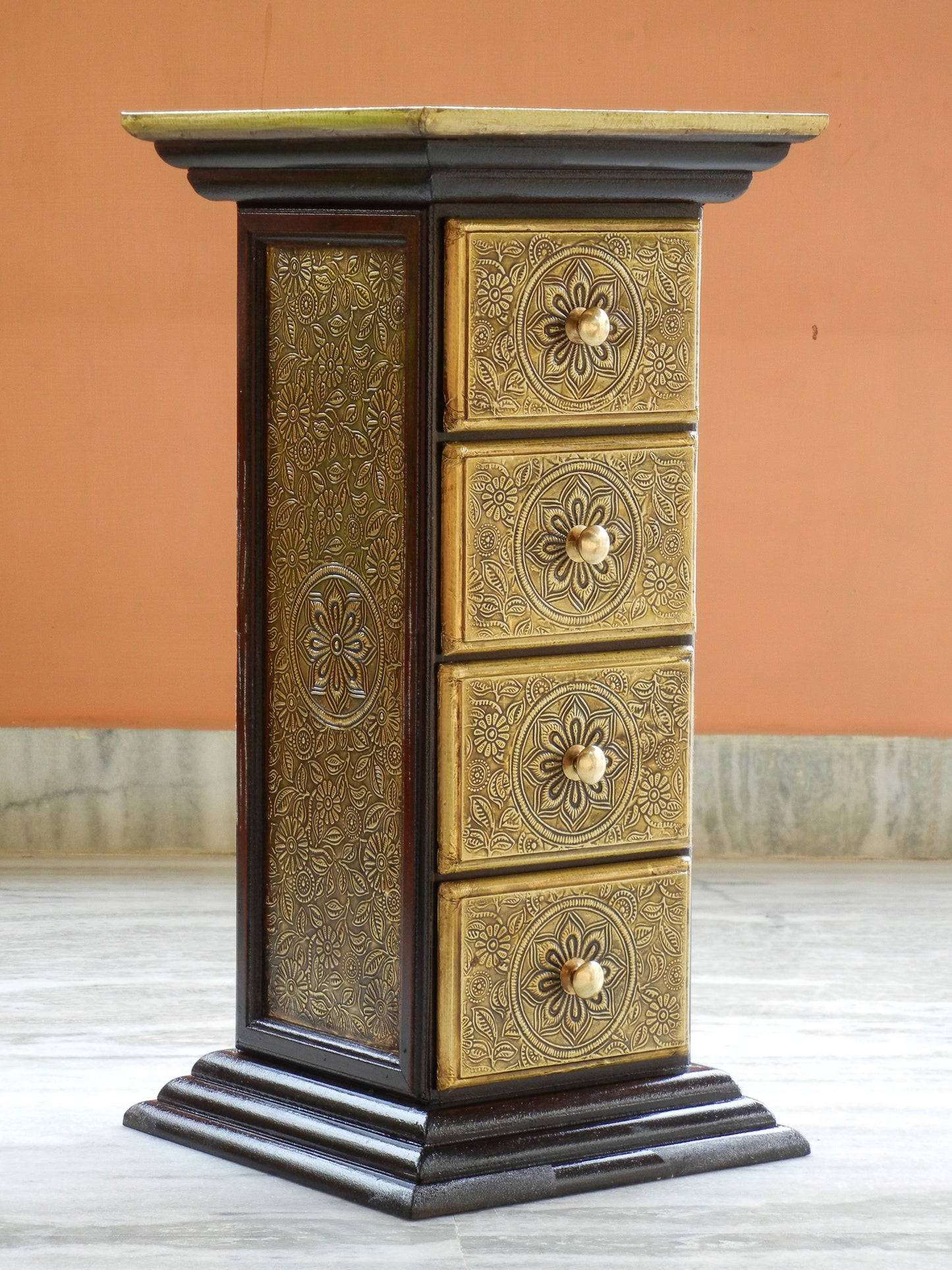 Wooden and Brass Ethnic Pillar Drawer