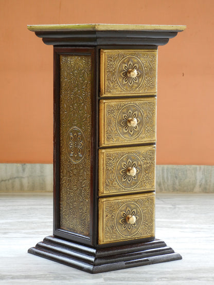 Wooden and Brass Ethnic Pillar Drawer