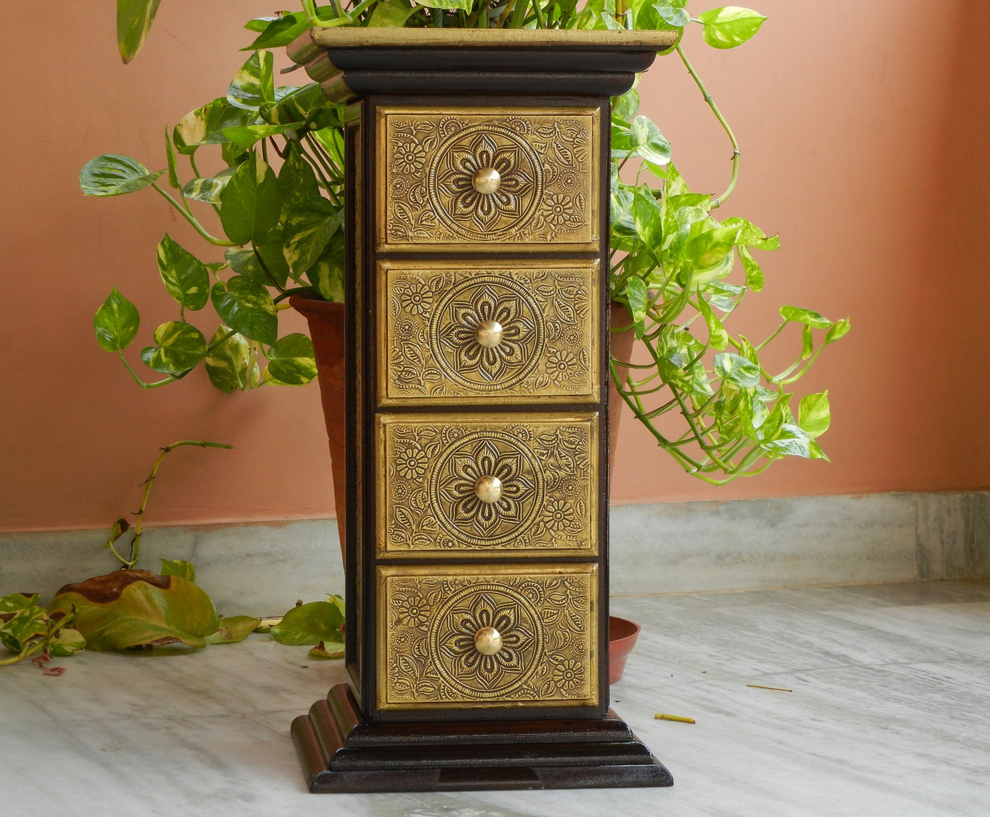 Wooden and Brass Ethnic Pillar Drawer