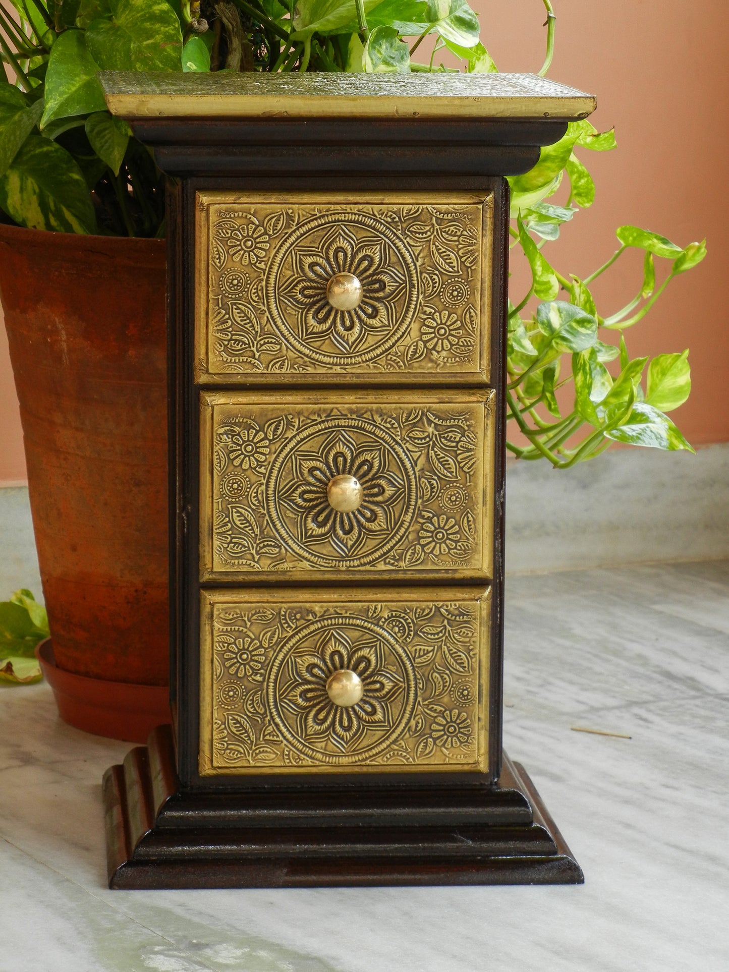 Wooden and Brass Ethnic Pillar Drawer