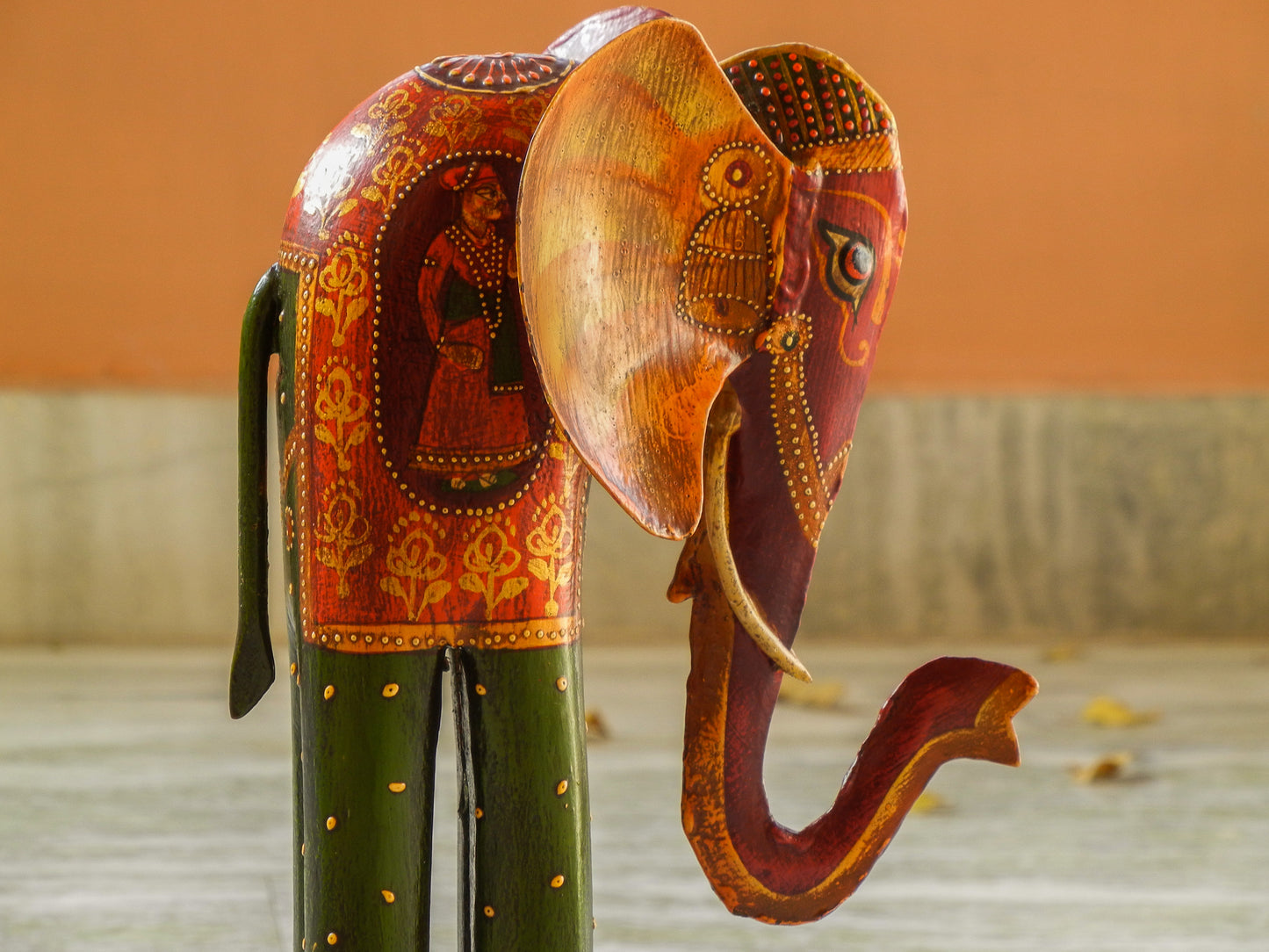 WOODEN & METAL FINE PAINTED ELEPHANT STATUE, FIGURINE