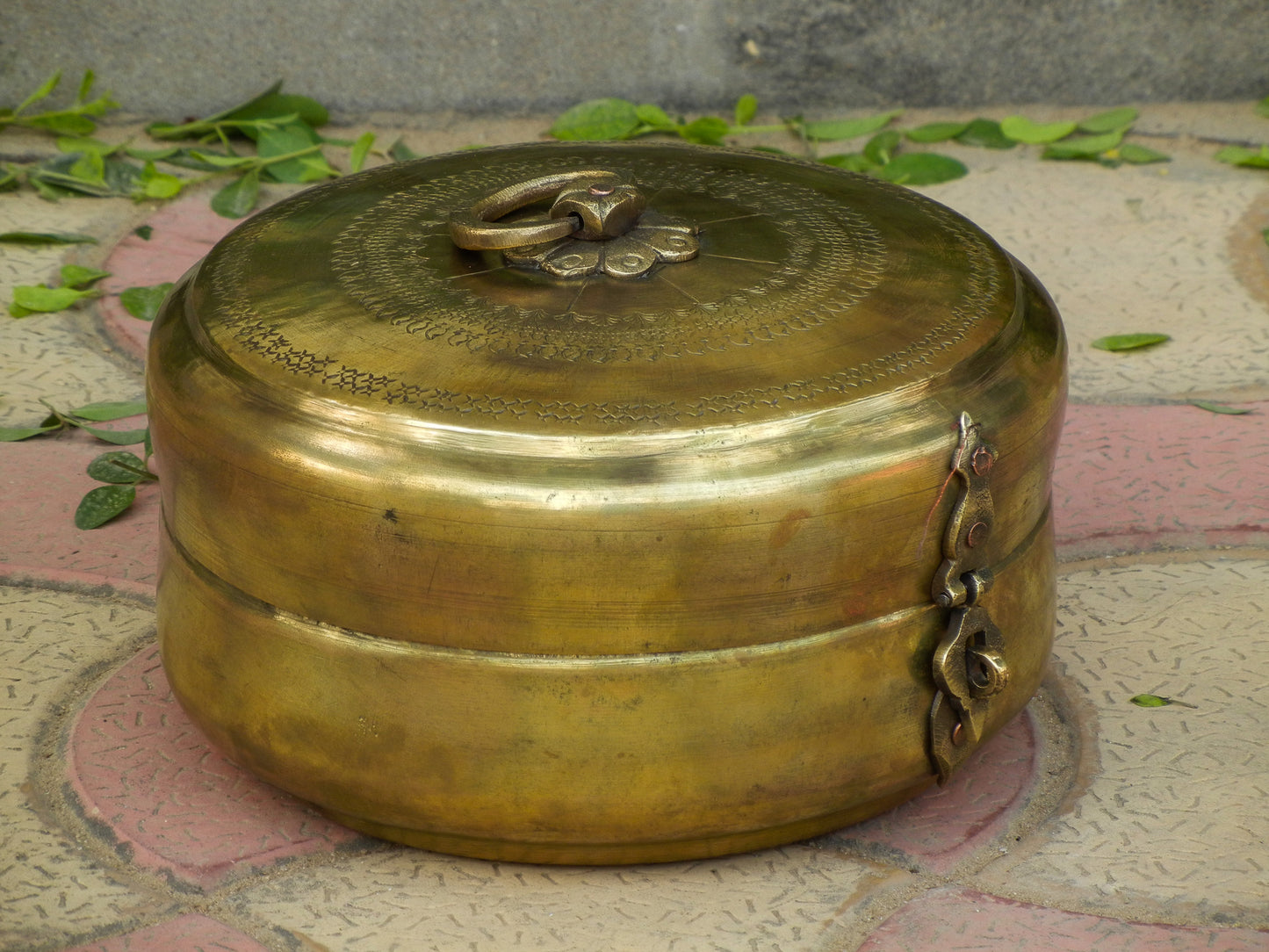 Old Vintage Brass Hand Engraved Chapati Box, Bread Box Antique