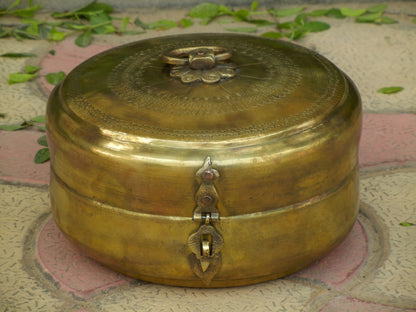 Old Vintage Brass Hand Engraved Chapati Box, Bread Box Antique