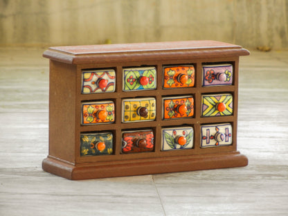 Wooden & Ceramic 12 Mini Drawer Chest, Desk Organizer