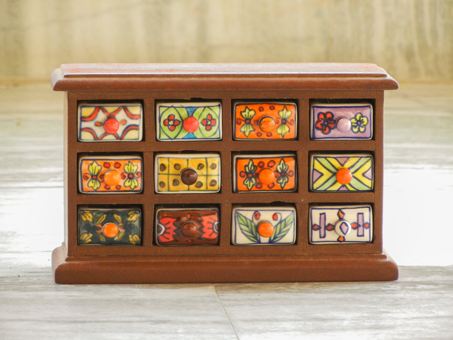 Wooden & Ceramic 12 Mini Drawer Chest, Desk Organizer