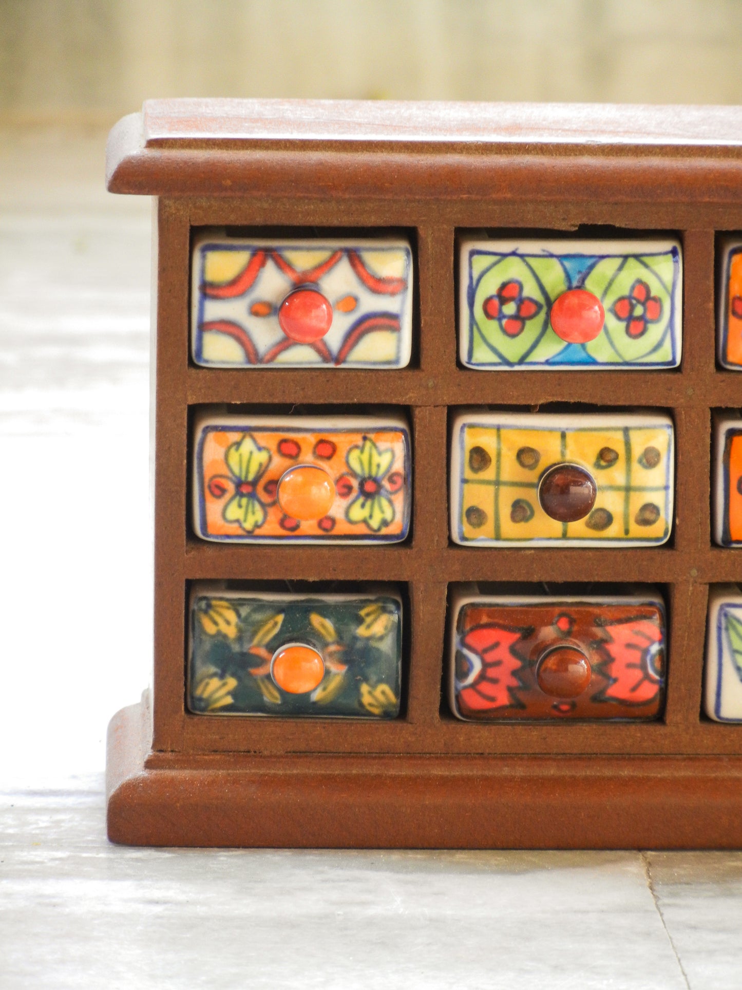 Wooden & Ceramic 12 Mini Drawer Chest, Desk Organizer