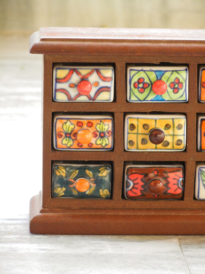 Wooden & Ceramic 12 Mini Drawer Chest, Desk Organizer