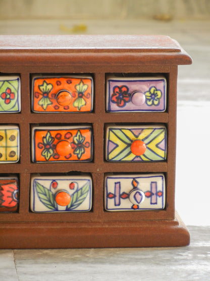 Wooden & Ceramic 12 Mini Drawer Chest, Desk Organizer